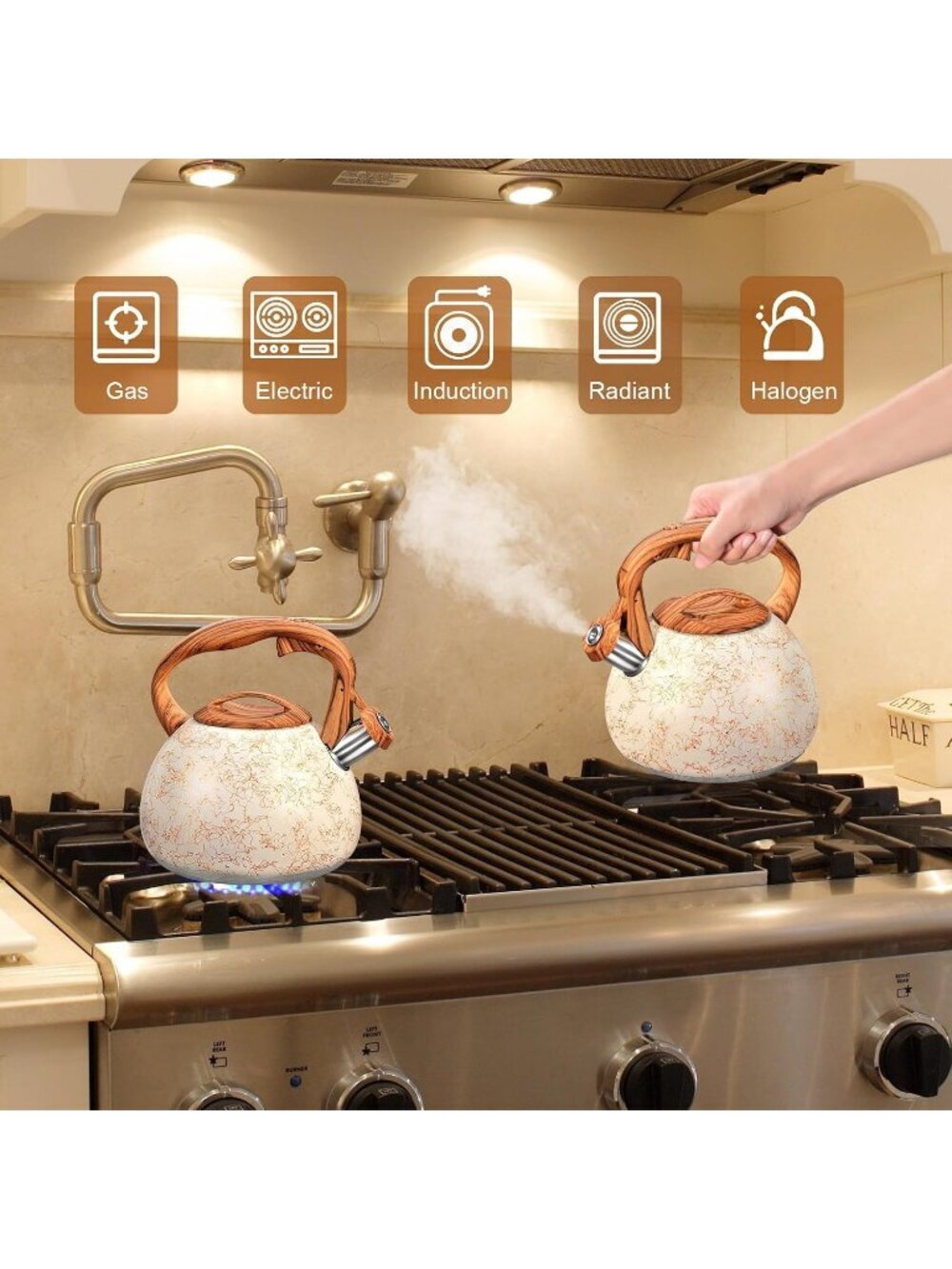 GGC 3.1QT White Art Stainless Steel Whistling Tea Kettle For Kitchen Stove Top - Picture 7 of 7